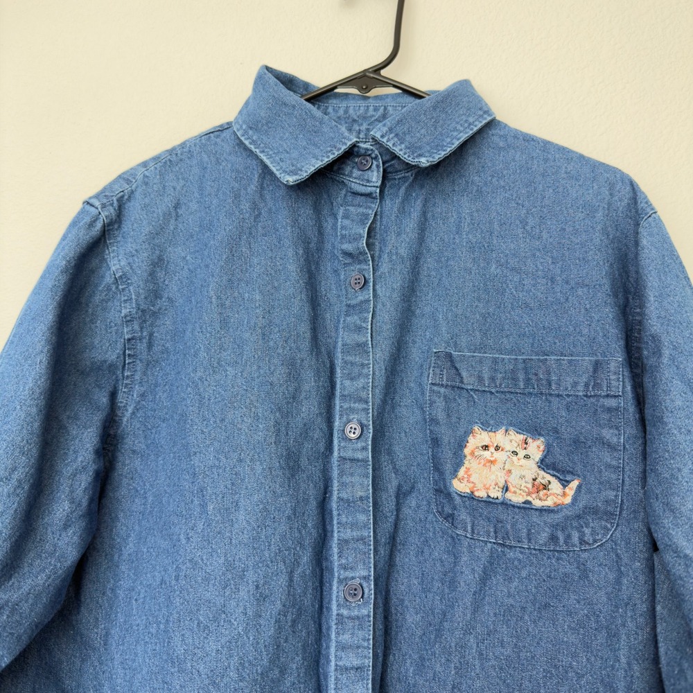 The Bradford Exchange Denim Shirt Womens 2X Blue Good Embroidered Cat Kitten - Picture 11 of 12